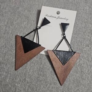 Boutique Geometric Statement Metal Wood Dangle Earrings ~ Minimalist Rave Modern